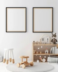 A minimalist children's playroom with two empty frames on the wall. a wooden toy car. and a small bookshelf with toys