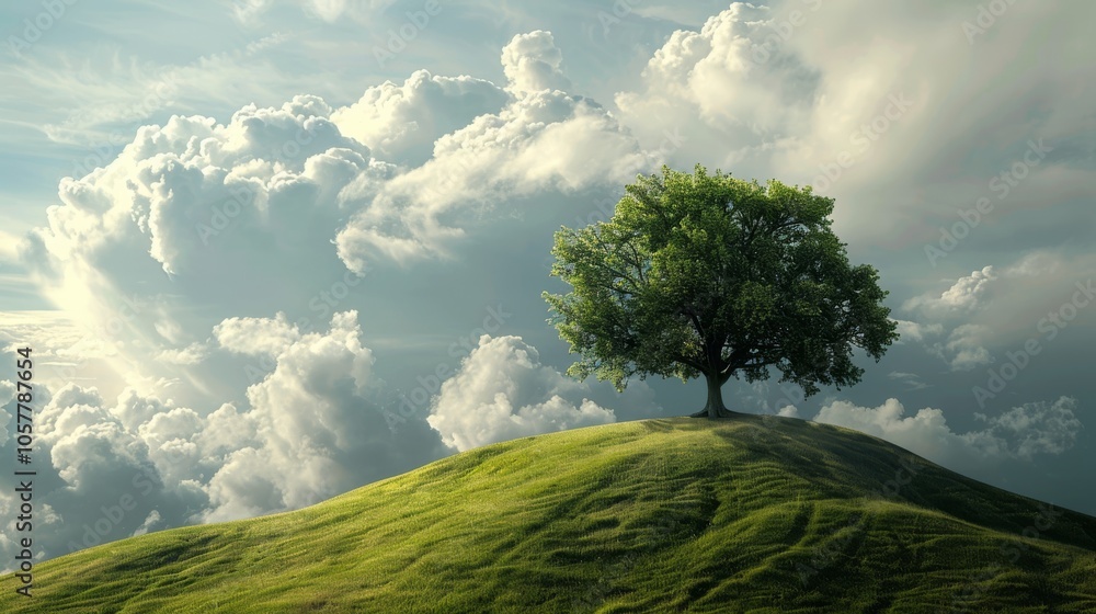 Poster Single tree on lush hill with dramatic clouds in the background and room for text
