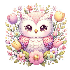 Springtime Owl with Pastel Flowers Illustration - Generative AI