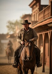 Cowboy riding horse on dusty street in old western town at sunset.