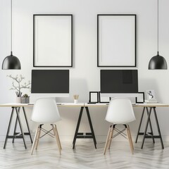 Modern minimalist workspace with two white chairs. desks. computers. and black frames. hanging black lamps on white walls. and a wooden floor