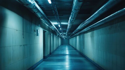 A long, dark hallway with fluorescent lights and pipes overhead.