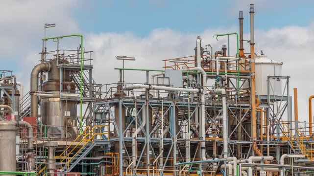 Distillation Columns and their process equipment of hydrogen plant timelapse with clouds on a background. Many pipes and tanks of industrial factory against a sky