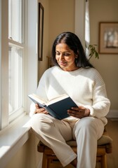 Naklejka premium Indian woman in her 40s in white sweater reading by sunny window