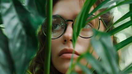 Woman with glasses peeking through green leaves