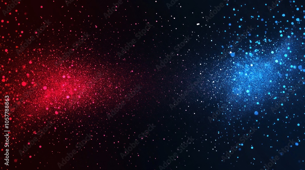 Sticker abstract background with red and blue glowing particles.