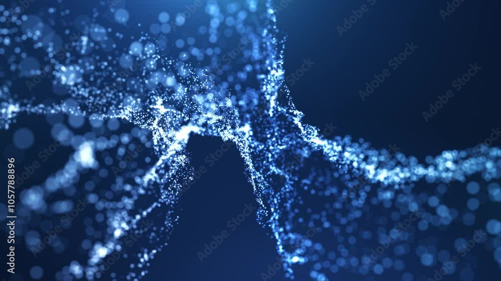 Poster abstract glowing wave from of particles and dots moves on a blue background, big data visualization,