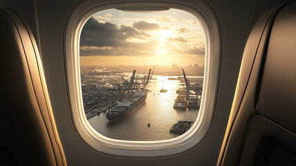 Naklejka premium 飛行機の窓からの賑やかな港風景
