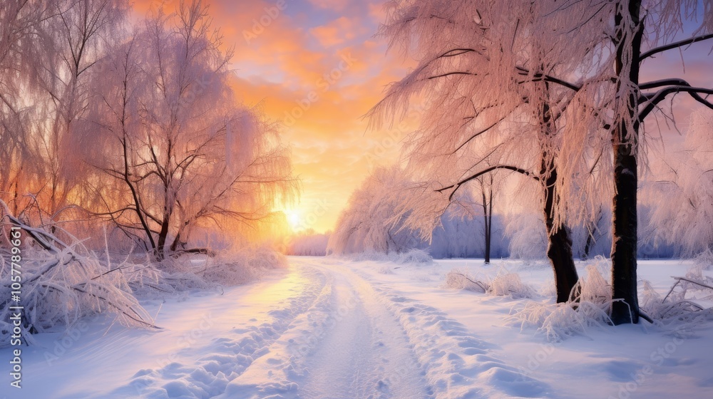 Poster snowy trees in winter sunset with soft light and long shadows