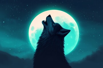 Fototapeta premium A lone wolf howls at the full moon in a starry night sky.