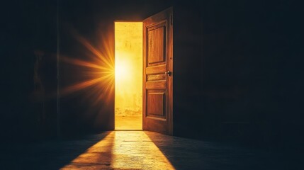 An open door with sunlight shining through, symbolizing hope and new beginnings.