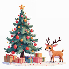 Illustration of 2025 Merry Christmas Happy New Year with a Christmas Tree and a reindeer