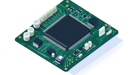 A 3D isometric illustration of a circuit board with a black chip in the center.