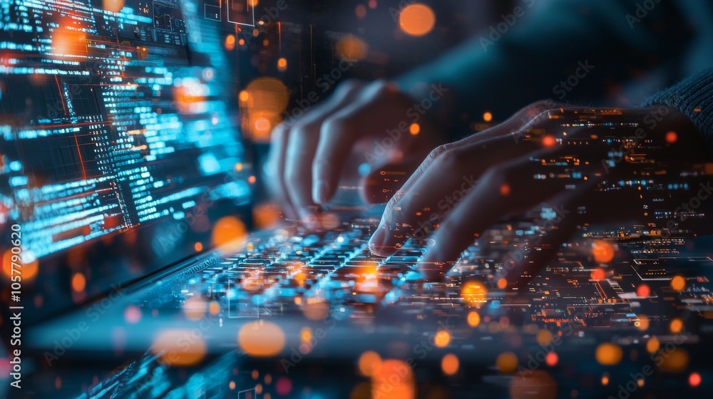 Poster hands typing code on laptop with digital interface overlay