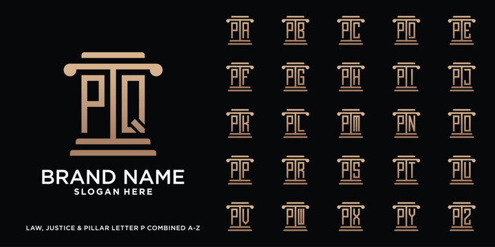 Set of law, justice, and pillar logo design letter p combined a to z with creative concept