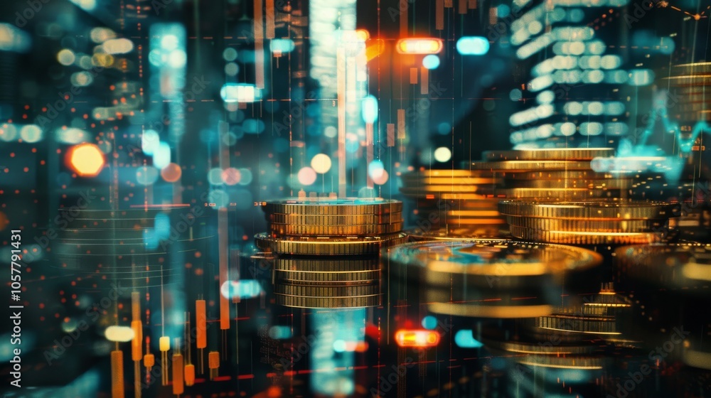 Poster Stock display with coins and graph double exposure finance and banking theme