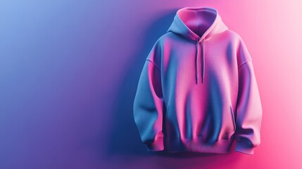A white hoodie with a hood hanging on a wall with a blue and pink gradient background.