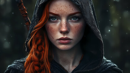 Portrait of a hooded elf woman with red hair and a sharp gaze wallpaper ai generated image. Elf Archer. Illustration