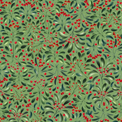 Mistletoe seamless pattern on green background, green leaves, red berries, plant minimalistic design, mistletoe leaves and berries, simple ornament with mistletoe branches, festive botanical mistletoe