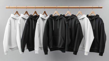 Six blank hoodies, half white and half black, hanging on a wooden clothes rack.