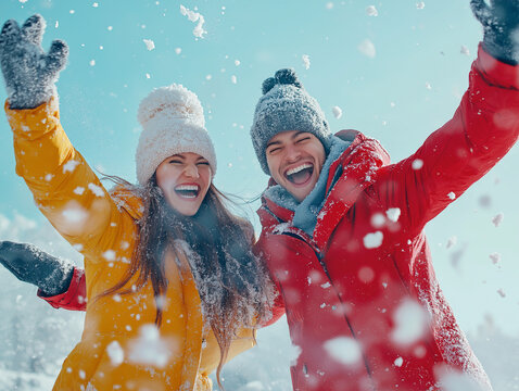 Para młodych ludzi bawiąca się na śniegu
