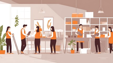 A CSR initiative with employees participating in a community service project, leaving room for text