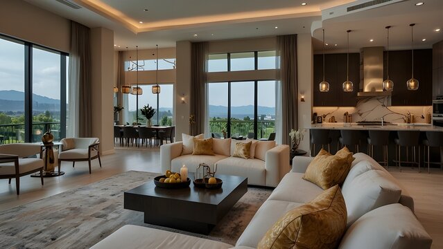 A stunning living room d&eacute;cor in a brand-new, opulent house with an open floor plan. displays the dining area, kitchen, and window wall with a stunning view outside.