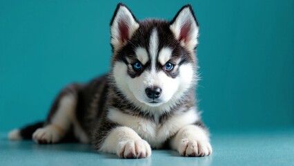 cute siberian husky puppy on blue background