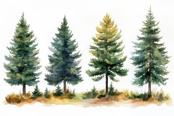 Fototapeta premium A watercolor illustration of four stylized evergreen trees in varying shades and heights.