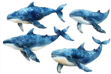 Fototapeta premium A watercolor illustration of four whales showcasing their beauty and grace.