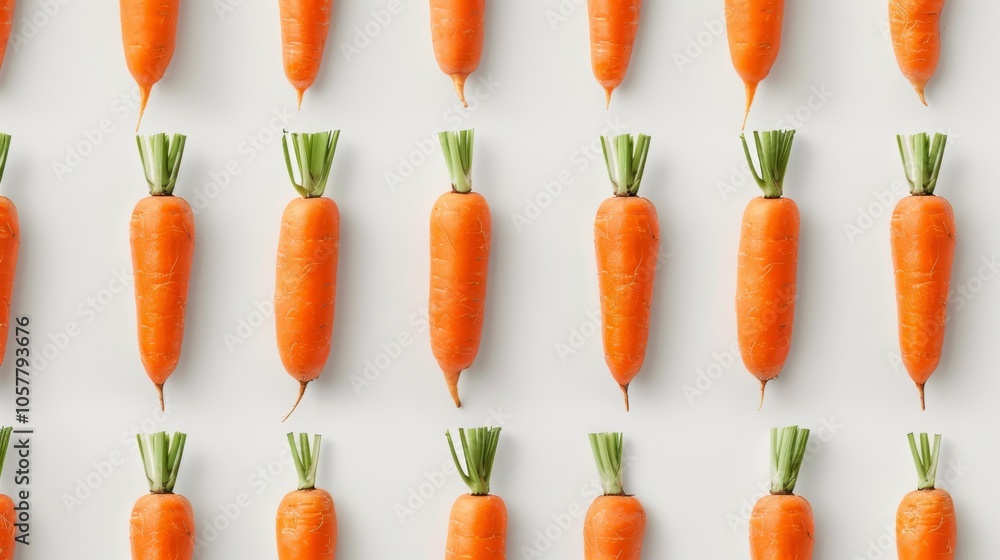 Poster Top view of multiple carrots arranged neatly on a white background