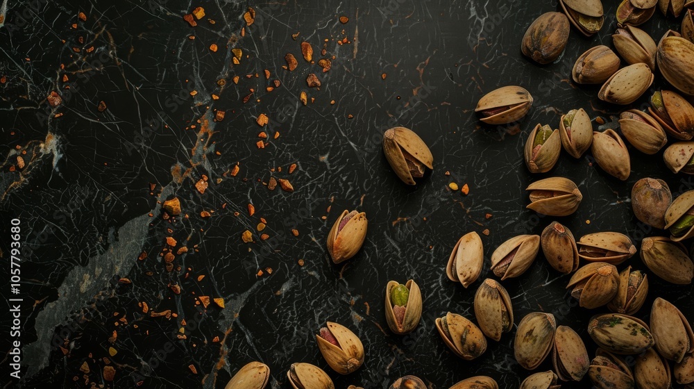 Poster top view of roasted pistachio nuts spread across a dark marble countertop, showcasing their textured