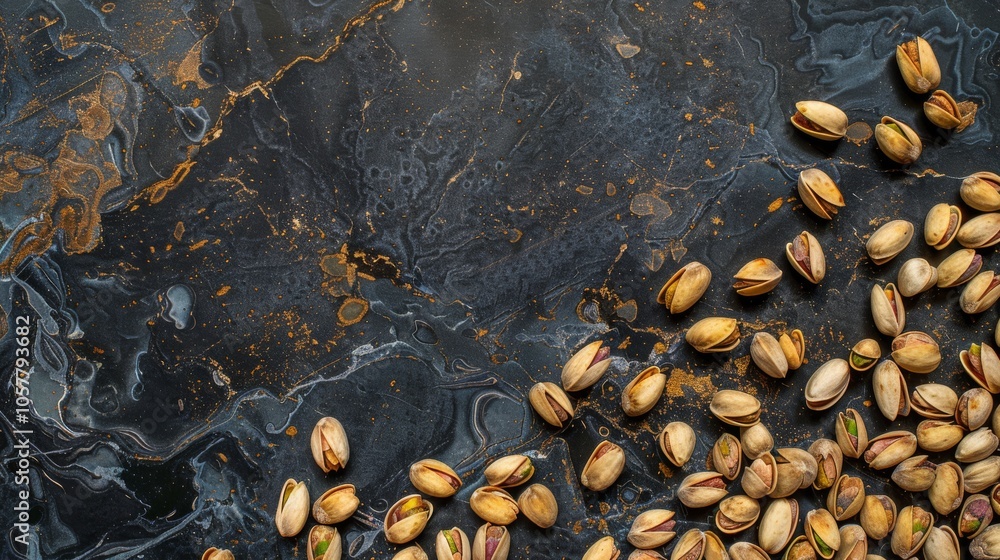 Poster top view of roasted pistachio nuts spread across a dark marble countertop, showcasing their textured