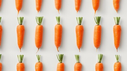 Obraz premium Top view of multiple carrots arranged neatly on a white background