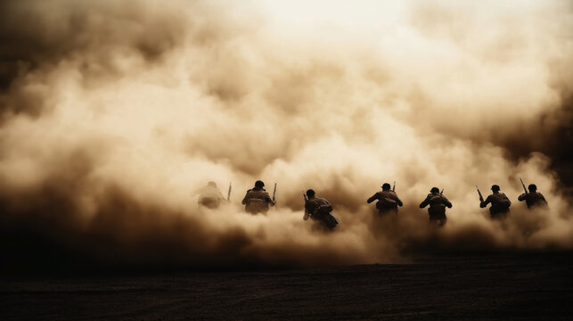 Group of soldiers in military uniforms advancing through a cloud of dust with rifles, creating a dramatic and intense scene, suggesting combat or tactical training.