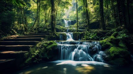 Fototapeta premium Tranquil waterfall nestled in the dense greenery of a Thai forest