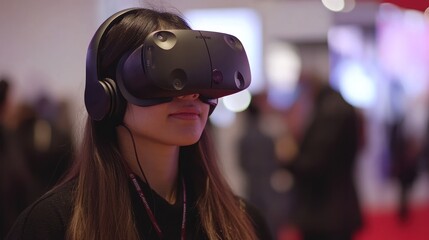 A young woman wearing a VR headset and headphones, experiencing virtual reality.