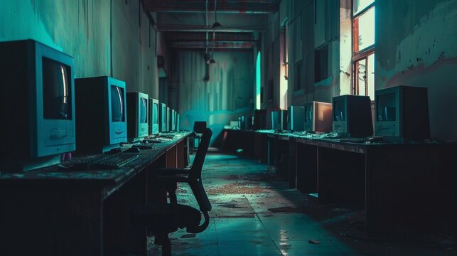Abandoned computer lab with vintage monitors