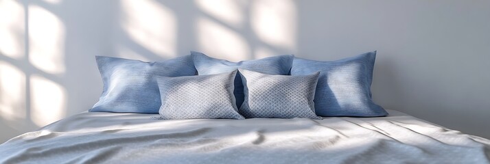 Light blue and grey pillows with subtle patterns tossed across a clean white bedspread in a minimalist bedroom
