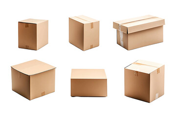 Parcels or cardboard boxes for packaging set isolated on transparent background.