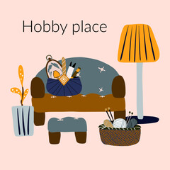 Knit embroidery hobby place needlework vector art