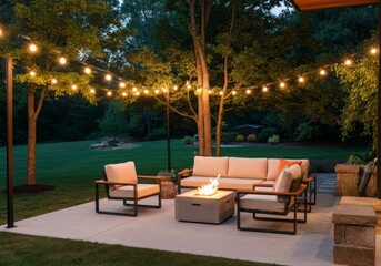Obraz premium Cozy outdoor patio with modern seating and fire pit under string lights at dusk.