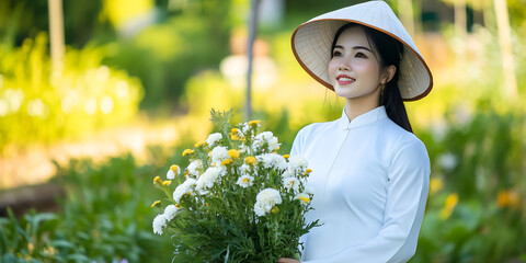 Vietnamese Woman in Ao Dai Dress and Conical Hat in Sunlit Outdoor Garden Asymmetric