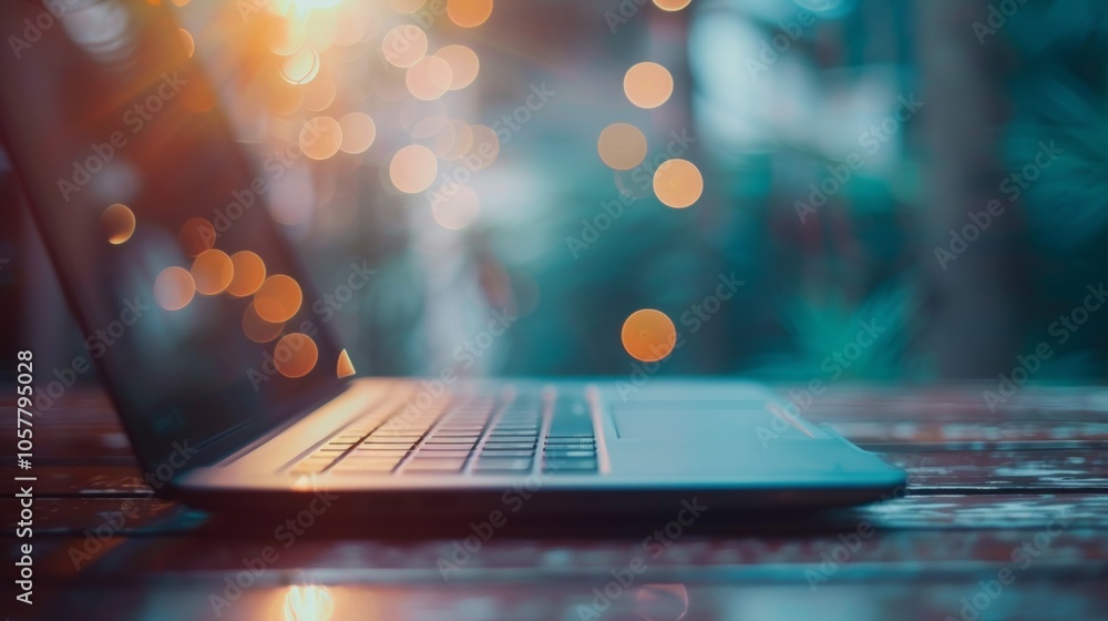 Poster side view of a laptop with warm bokeh background