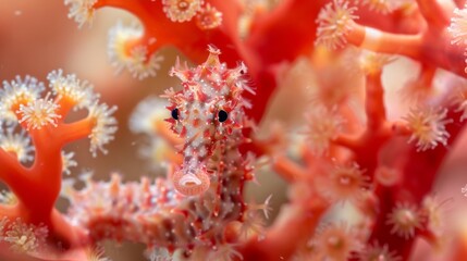 A detailed shot of a tiny seahorse curled up in a piece of soft coral perfectly camouflaged.