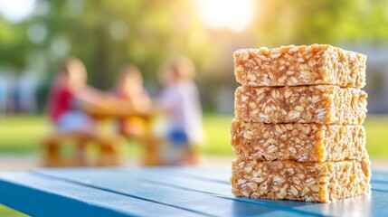 Delicious and homemade Granola Bars beautifully stacked on a table with joyful children playing in the background