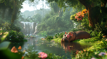 Hippopotamus Relaxing in a Lush Tropical Forest