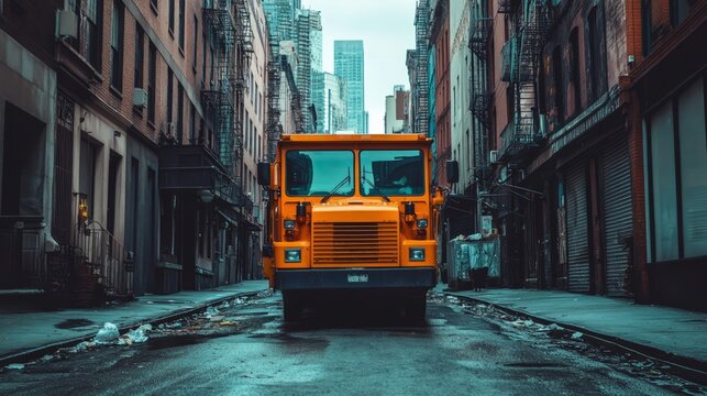 orange garbage truck in the street.trush truck