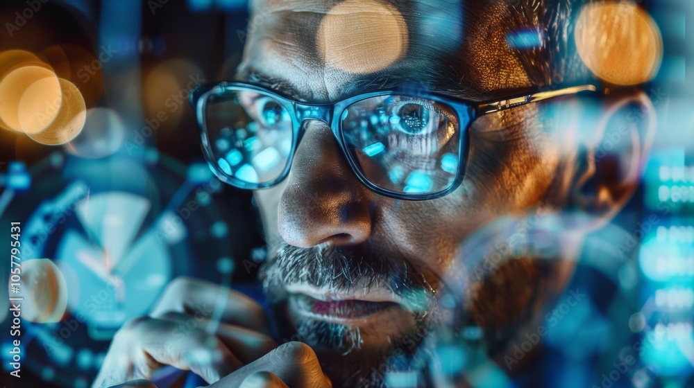 Poster focused man with glasses analyzing data in digital interface