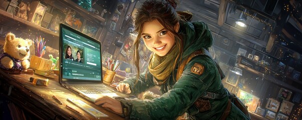 Obraz premium Digital Painting of a Happy Girl with Laptop